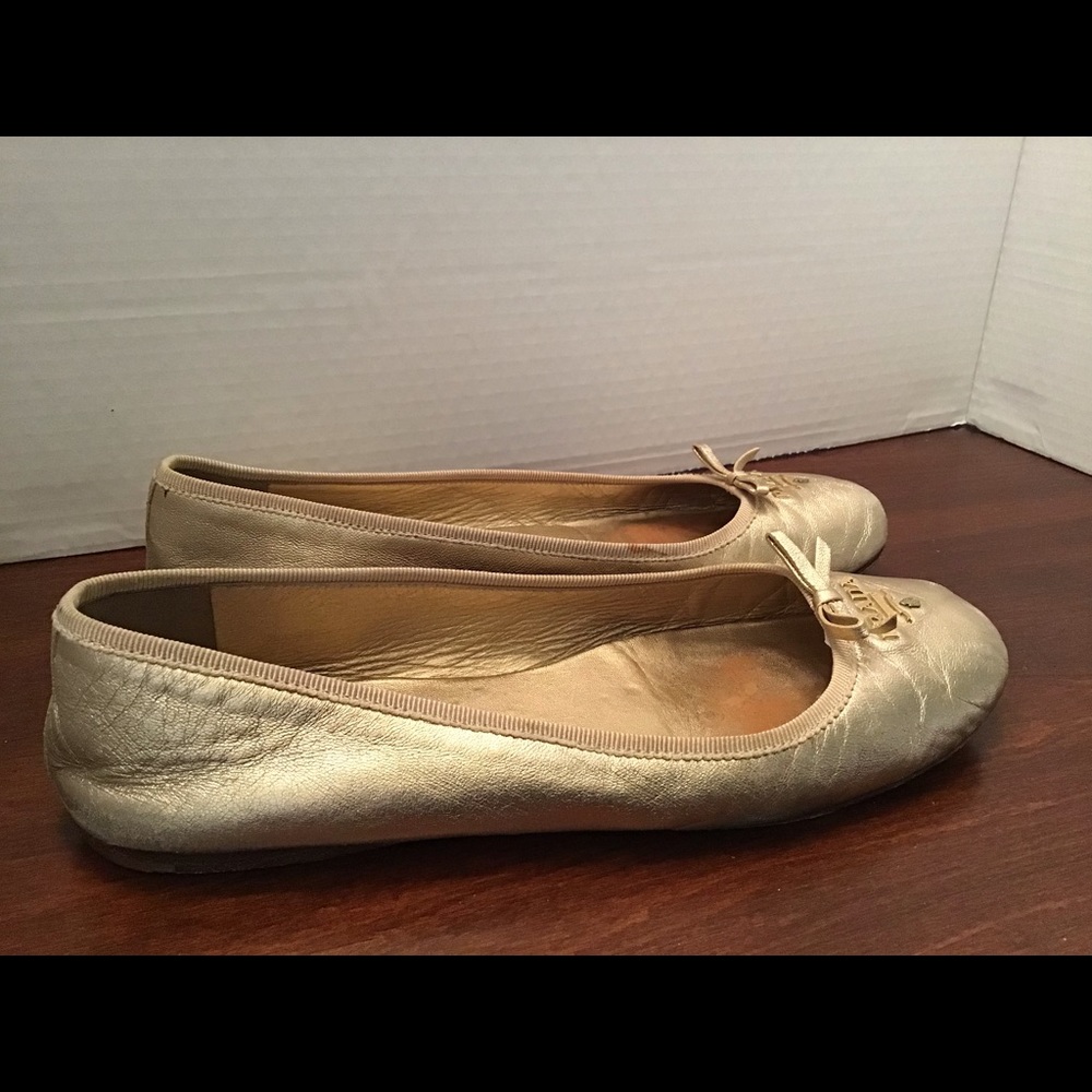 Prada Gold Leather Flats Bow Made in Italy 7